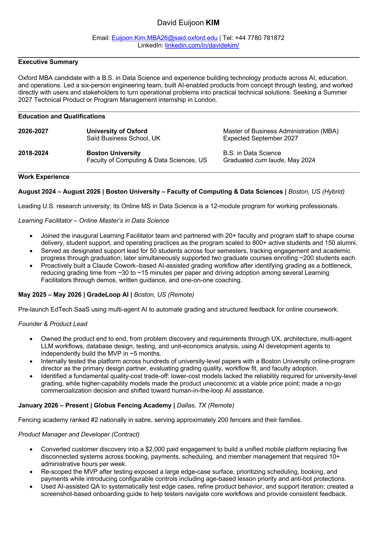 Page 1 of David Euijoon Kim’s Oxford CV